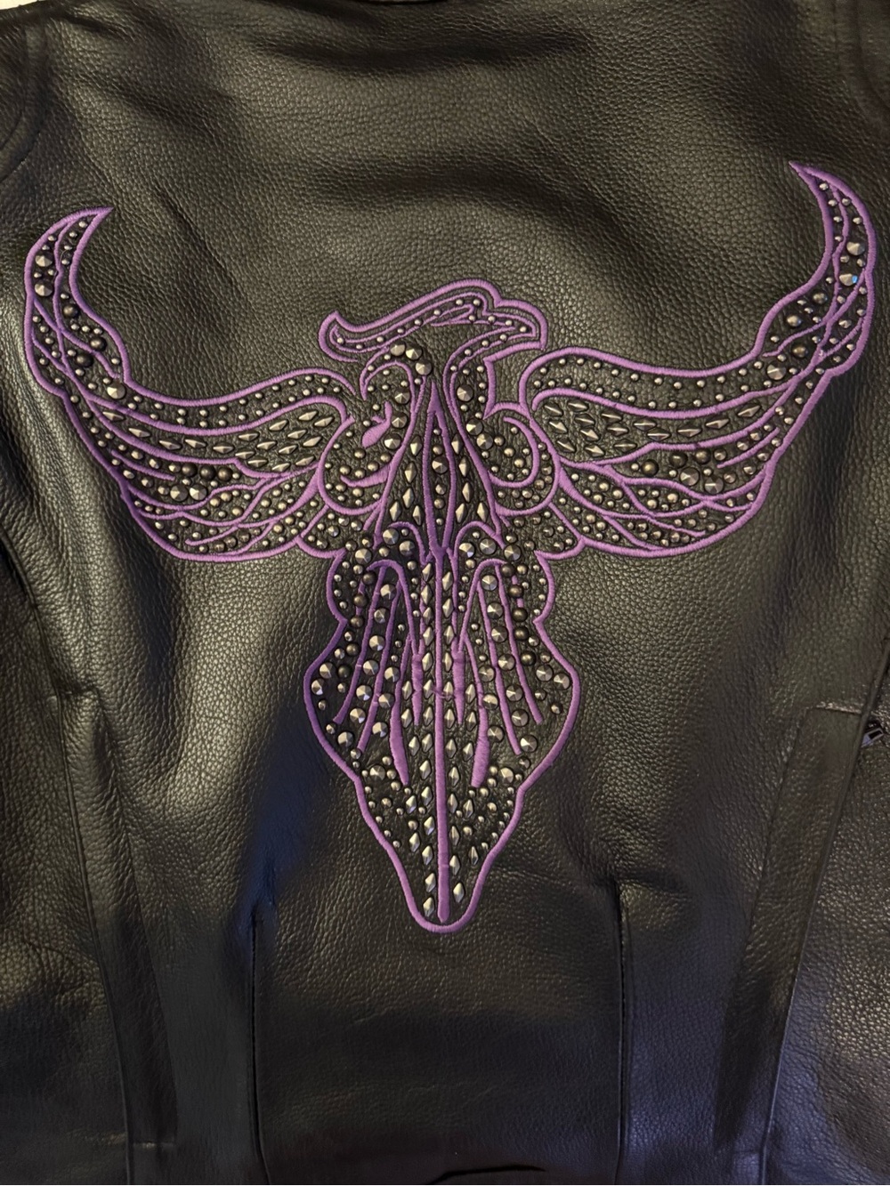 Black Leather Jacket with Purple Studded Phoenix Motif